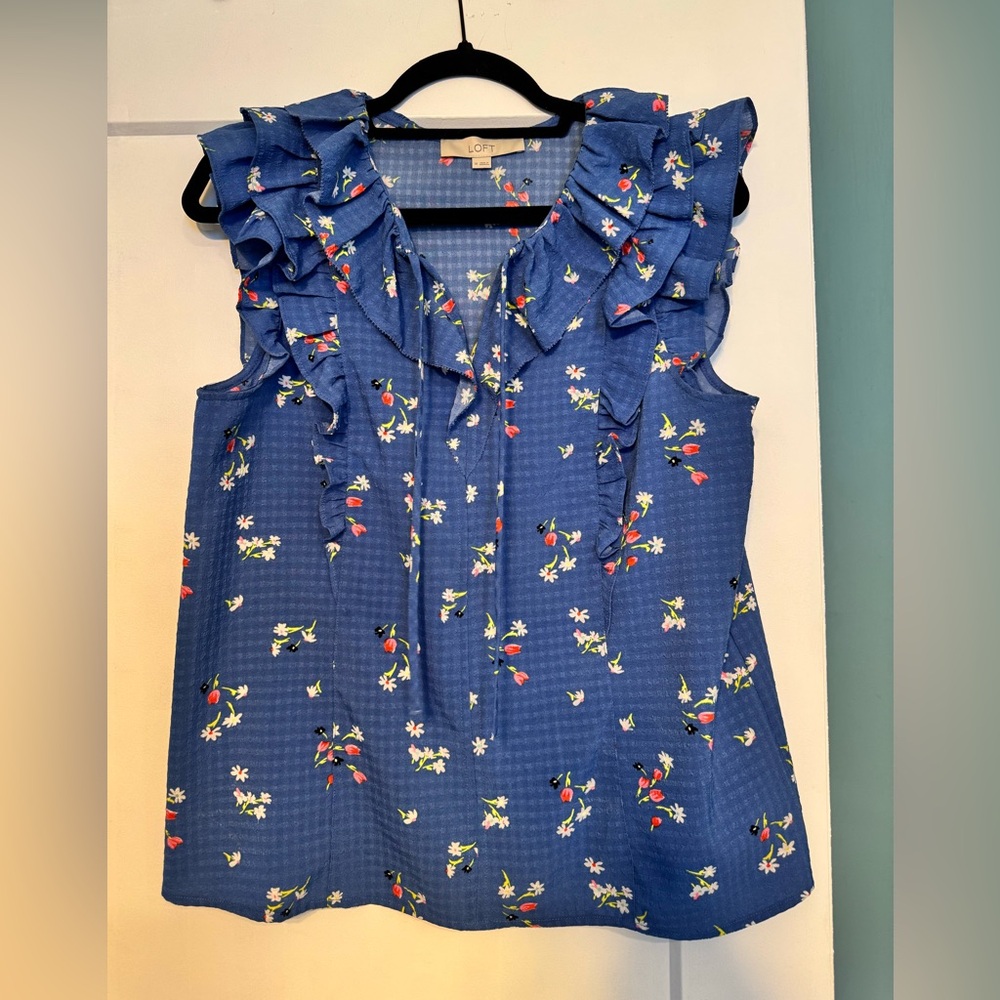 LOFT Blue Floral Ruffle Top